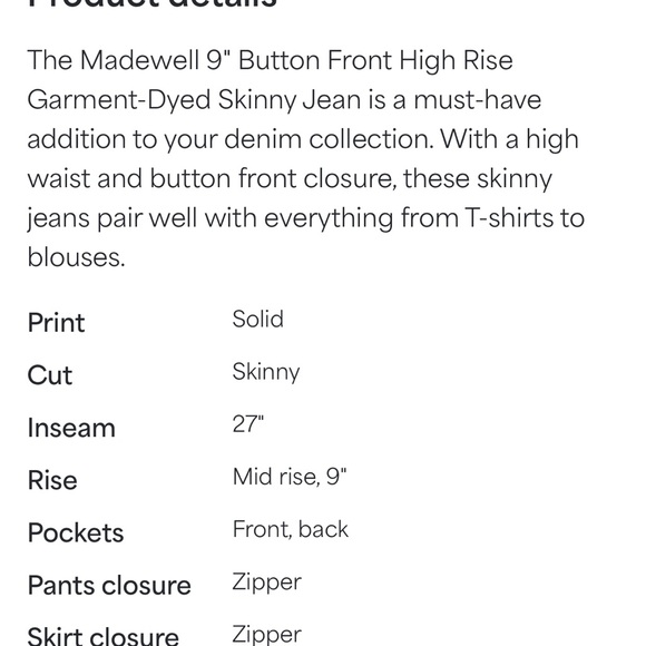 Madewell 9” Button Fly High Rise Garmet-Dyed Mustard Skinny Jeans - Picture 5 of 5